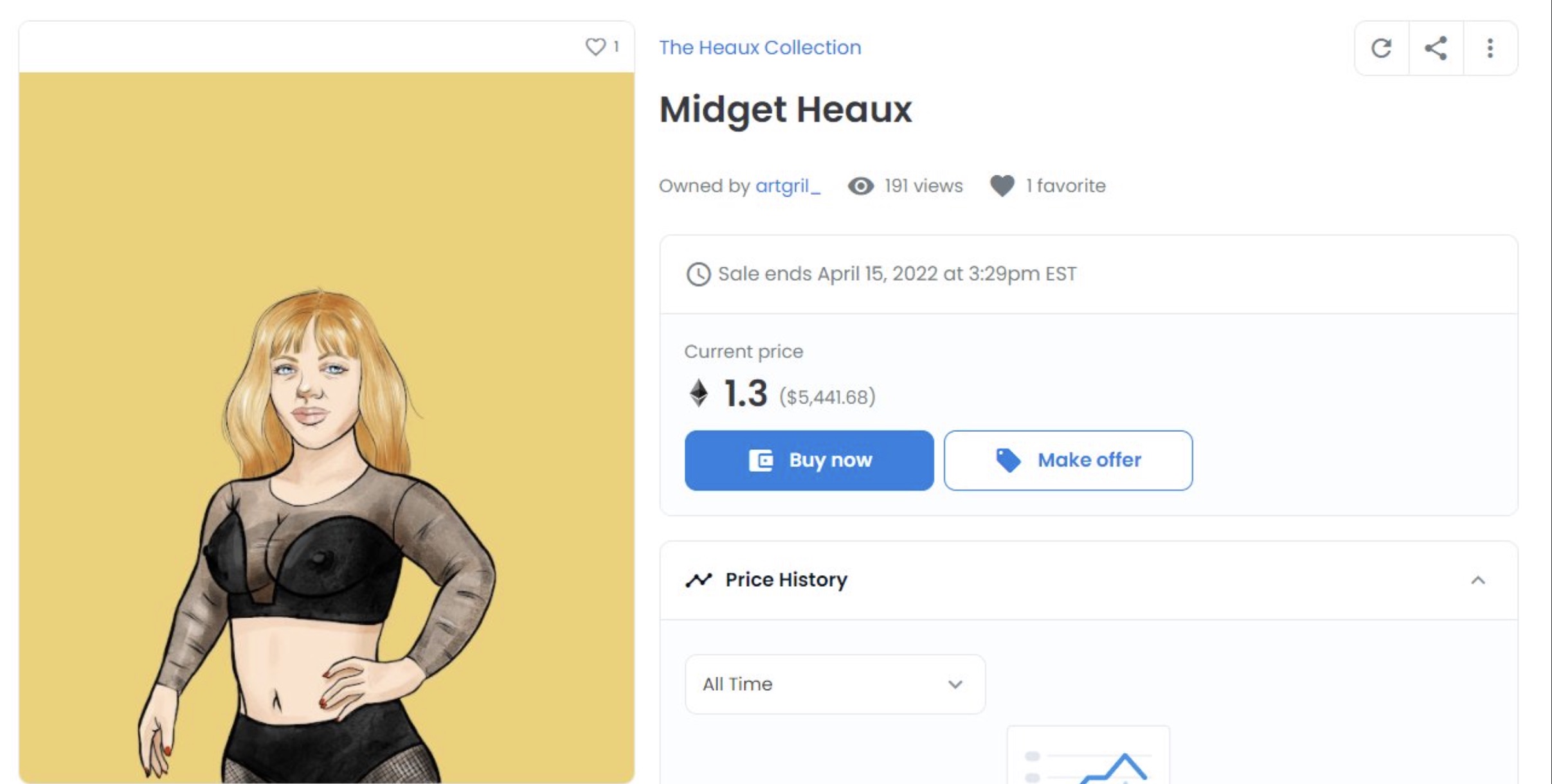 screenshot - The Heaux Collection Midget Heaux Owned by artgril 191 views 1 favorite Sale ends at pm Est Current price 1.3 $5,441.68 Buy now Make offer Price History All Time